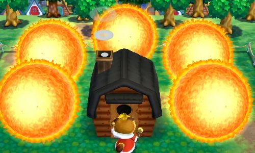 Tom Nook's flammable house is surrounded by five suns in Happy Home Designer!