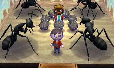 Tom Nook trapped in an ant hill, surrounded by giant ants in Animal Crossing: Happy Home Designer.