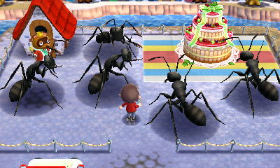 Giant ants go after some massive cake in Animal Crossing: Happy Home Designer.