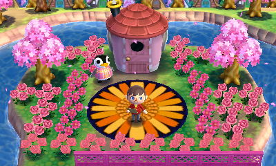Aurora's pink flower yard in Animal Crossing: Happy Home Designer.