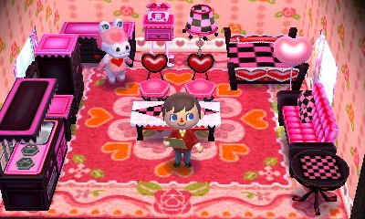 Gayle's lovely heart themed home in Animal Crossing: Happy Home Designer.