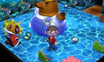 A giant inflatable Resetti tunnels up to scare Tom Nook in Animal Crossing: Happy Home Designer.