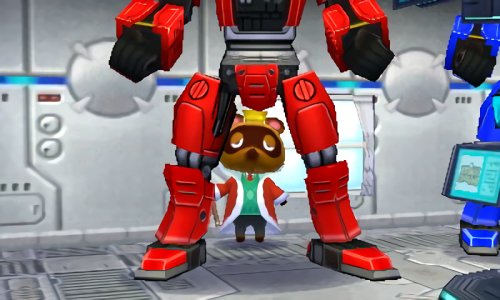 Tom Nook works under a robot as he checks for gas leaks in Happy Home Designer.