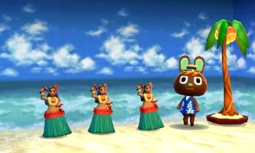 O'Hare and three hula girl (dolls) in Animal Crossing: Happy Home Designer.