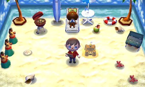 O'Hare's tropical island home in Animal Crossing: Happy Home Designer for Nintendo 3DS.