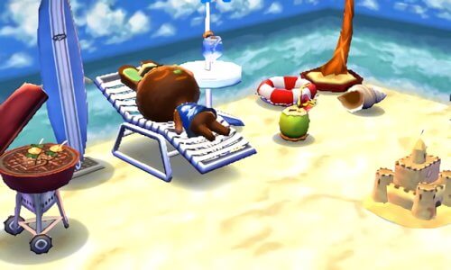 O'Hare takes a nap in Animal Crossing: Happy Home Designer for Nintendo 3DS.