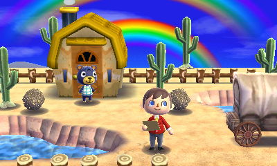 Poncho's desert home with cacti and a double rainbow. (ACHHD)