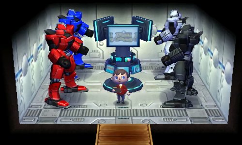 Four robot heroes gather around a monitor tower to play Animal Crossing in Happy Home Designer.