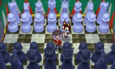 The inside of Rudy's chess themed house in Animal Crossing: Happy Home Designer for Nintendo 3DS.