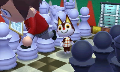 Rudy looks up at a flying Jeff in Animal Crossing: Happy Home Designer for Nintendo 3DS.