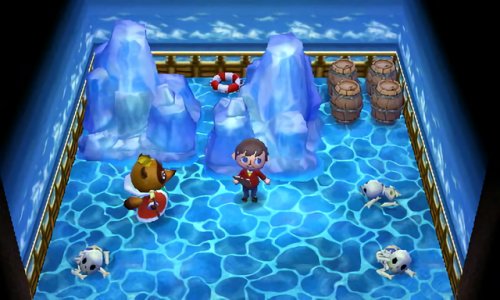 Icebergs crash onto Tom Nook's ship, causing it to flood and sink. Happy Home Designer.