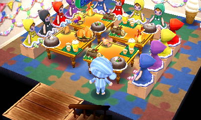 Dolls having dinner in Aika Village for Animal Crossing: New Leaf
