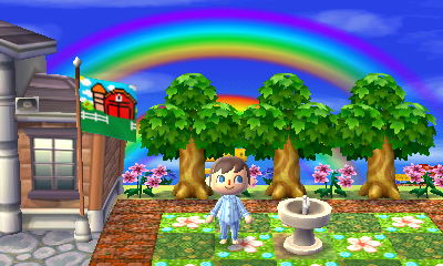 Double rainbow above town hall and the drinking fountain in the dream town of Farmland.