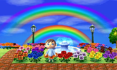 Double rainbow above the fountain in the dream town of Farmland.