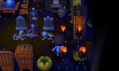 Skeletons near gravestones in the New Leaf dream town of Hula Key.