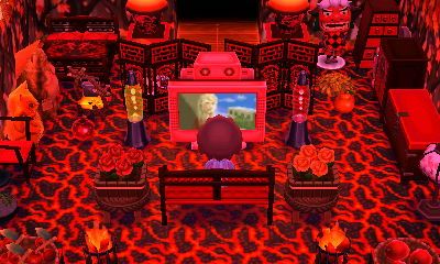 The mayor's red and black main room in the New Leaf dream town of Hula Key.