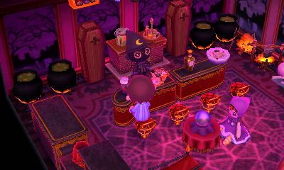 A witch and a creepy doll in the New Leaf dream town of Hula Key.