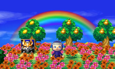 A Star Fox custom-design sign and a rainbow in the dream town of Titania.