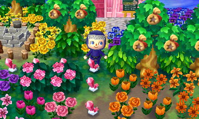 Pink and orange flowers, bushes, and gems along with some money trees.