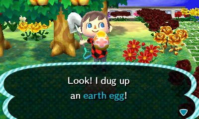 Using my shovel to dig up an earth egg on Bunny Day (Easter) in Animal Crossing: New Leaf.