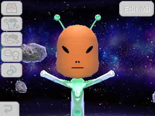 Alien's head looks like a potato as he makes a funny face in Tomodachi Life.