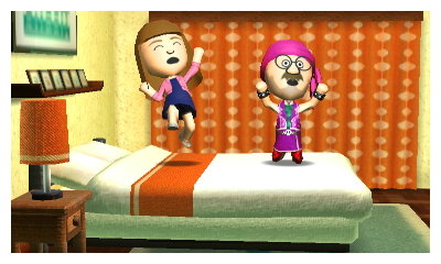 Ann and Tobias jumping on a bed in Tomodachi Life.