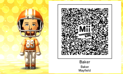 A QR code to add a Baker Mayfield Mii to your Tomodachi Life game or Mii Maker.