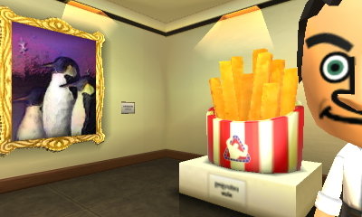 Mr. Bean enjoys his new art gallery interior in Tomodachi Life.