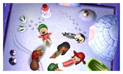 A photo looking down on Yukon, Skull, Pauline, Marina, and Shaq, in Yukon's frozen apartment with an igloo.
