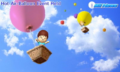 Villager takes off in a hot-air balloon at a festival in Tomodachi Life.