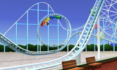 Jeff rides a roller coaster at the amusement park in Tomodachi Life.