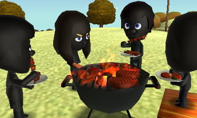 Luigi and friends get covered in ashes at a barbecue in Tomnodachi Life.