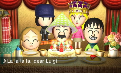 Luigi celebrates his birthday with Peach and friends.