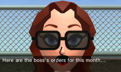 Pauline in a mustache, to Blake: Here are the boss's orders for this month...