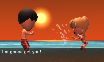 Lindsay, while playfully splashing water on Annyong at the beach: I'm gonna get you!