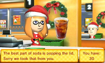 Inkling girl wearing a Santa hat while working at the food mart.