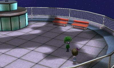 Luigi and Squishy meet on the tower, while standing in the shadow of a plane.