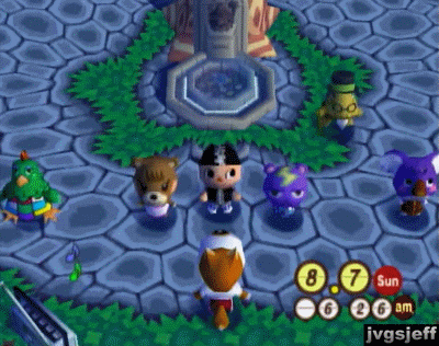 Animated GIF of the morning aerobics in Animal Crossing on Nintendo GameCube. Shows the following characters hopping up and down: Hank, Maple, Static, Sydney, Tortimer, Copper, and Jeff (the player).