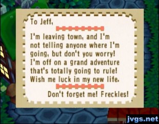 Freckles' goodbye letter.