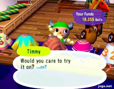 Trying on the green tie-dye shirt.