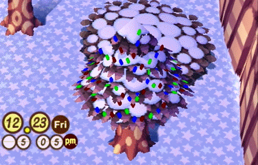Shaking a Christmas tree (with lights) in Animal Crossing.
