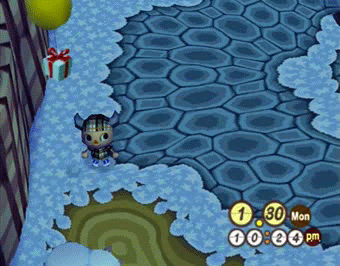 A balloon present flies out of town in Animal Crossing (animated GIF).