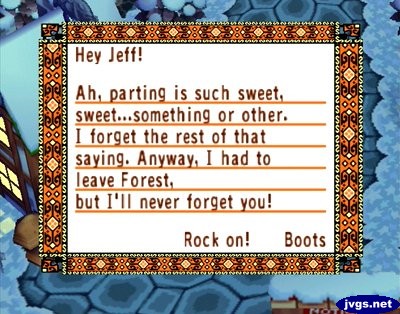 Boots' goodbye letter in Animal Crossing for GameCube.