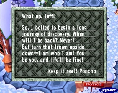 Poncho's goodbye letter in Animal Crossing for Nintendo GameCube.