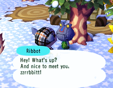 Ribbot: Hey! What's up? And nice to meet you, zzrrbbitt! (Animated GIF of Ribbot blinking)