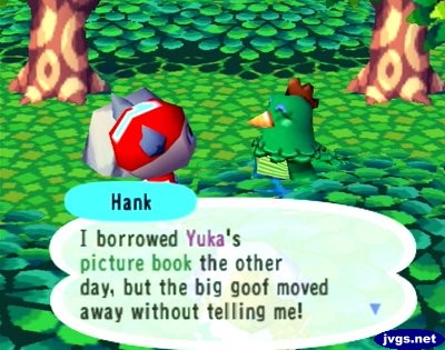 Hank: I borrowed Yuka's picture book the other day, but the big goof moved away without telling me!