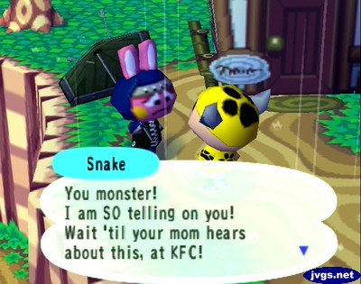 Snake: You monster! I am SO telling on you! Wait 'til your mom hears about this, at KFC!