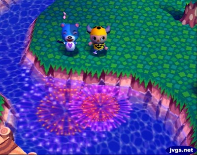 Kody fans himself and smiles as he and Jeff watch the fireworks festival in Animal Crossing for Nintendo GameCube.