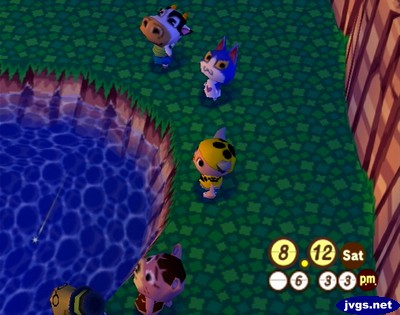 Belle, Tom, Jeff, Ursala, and Tortimer watch the meteor shower at the lake in Animal Crossing for Nintendo GameCube.