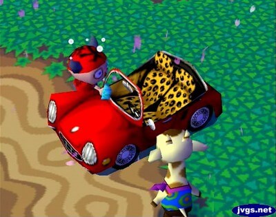 Washing Gracie's car in Animal Crossing for Nintendo GameCube.